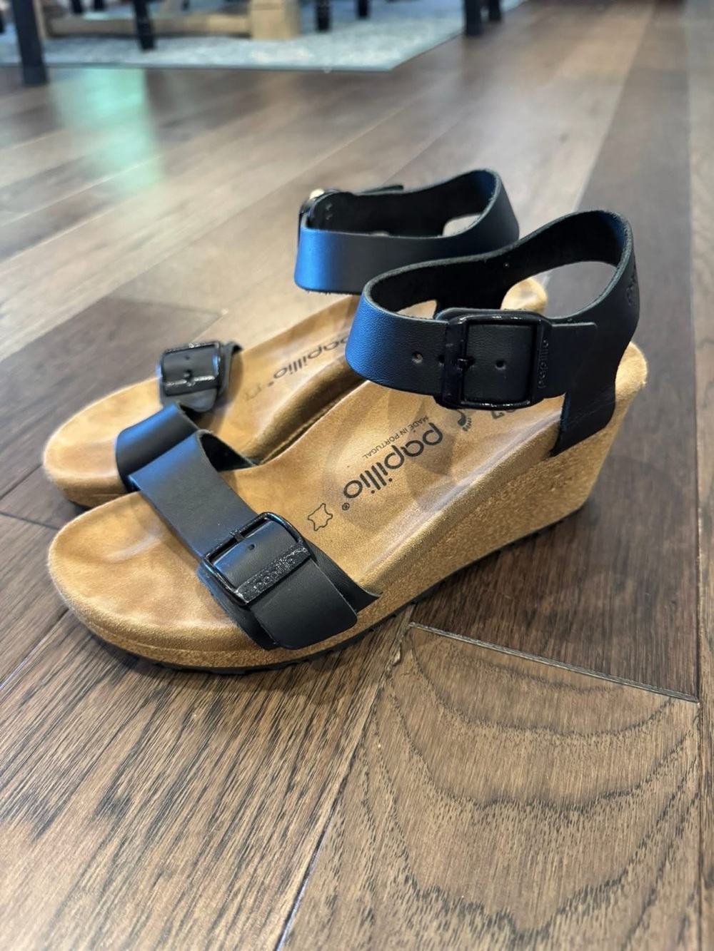 Papillio Black Leather Wedge Sandals - Ankle Strap